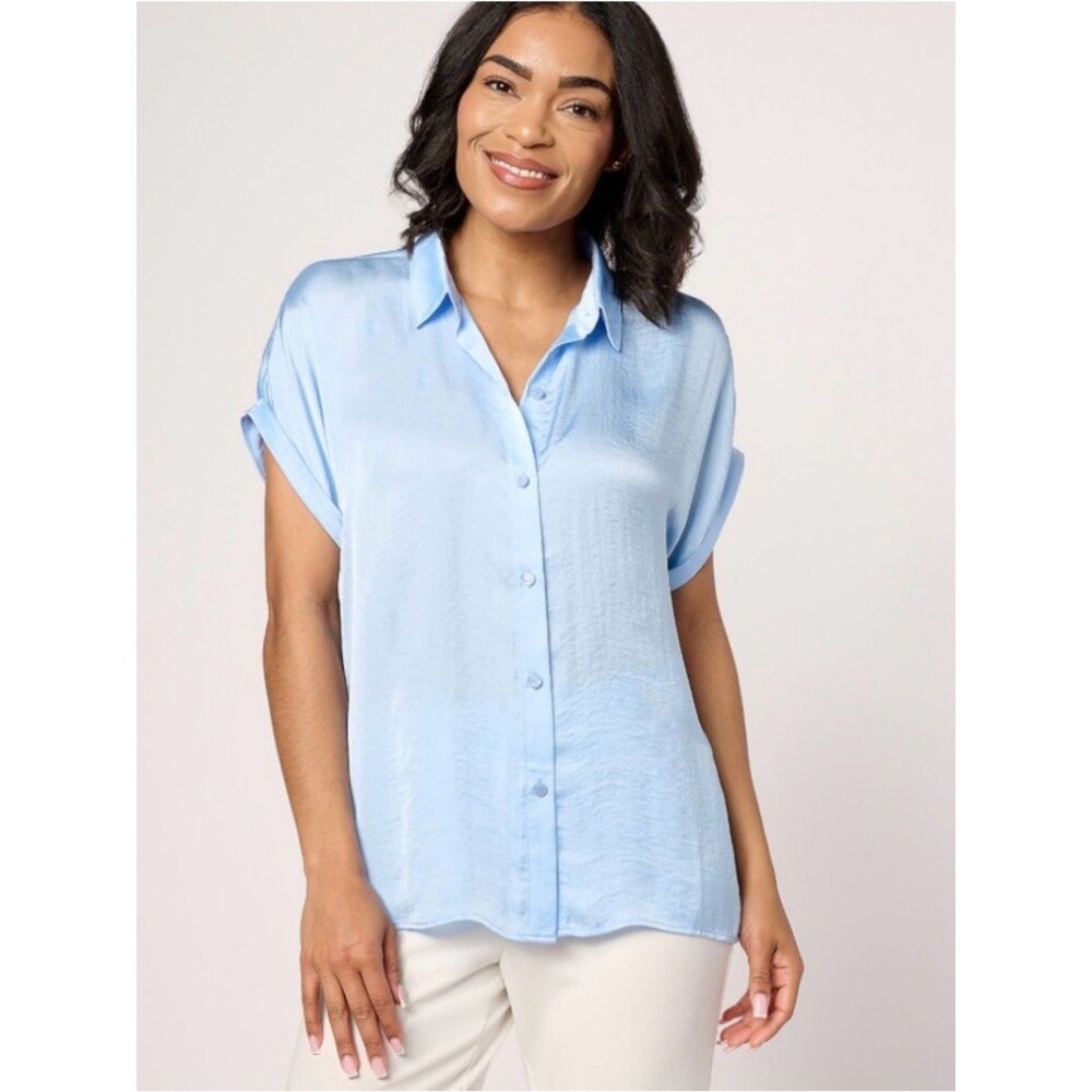 Dennis Basso Woven Camp Shirt with Rolled Sleeves Size Medium Blue Breeze